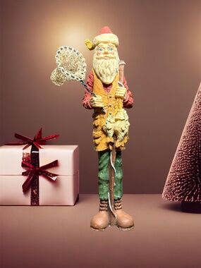 Santa Claus Fisherman Figure w/net and Fish - Christmas Holiday - 6.5” Tall